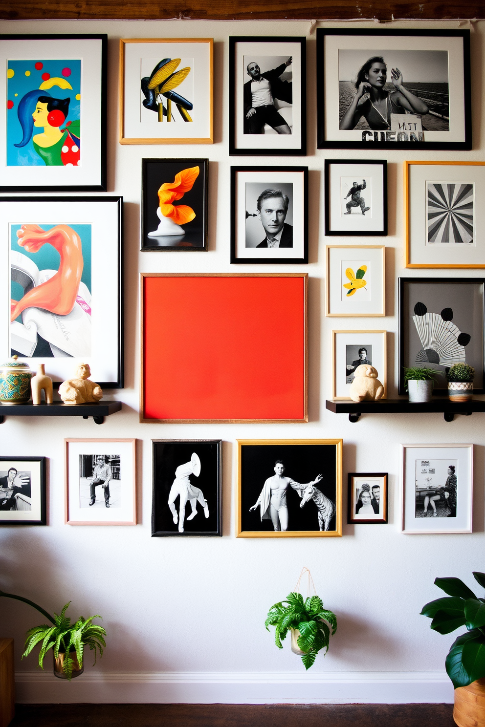 Create a gallery wall featuring a mix of framed art pieces in various sizes and styles. The wall is adorned with colorful abstract paintings, black and white photography, and a few vintage prints, all arranged in a harmonious layout. Incorporate decorative elements like floating shelves to display small sculptures and plants. The overall aesthetic reflects a vibrant summer loft vibe, with bright colors and playful designs that invite creativity and warmth.