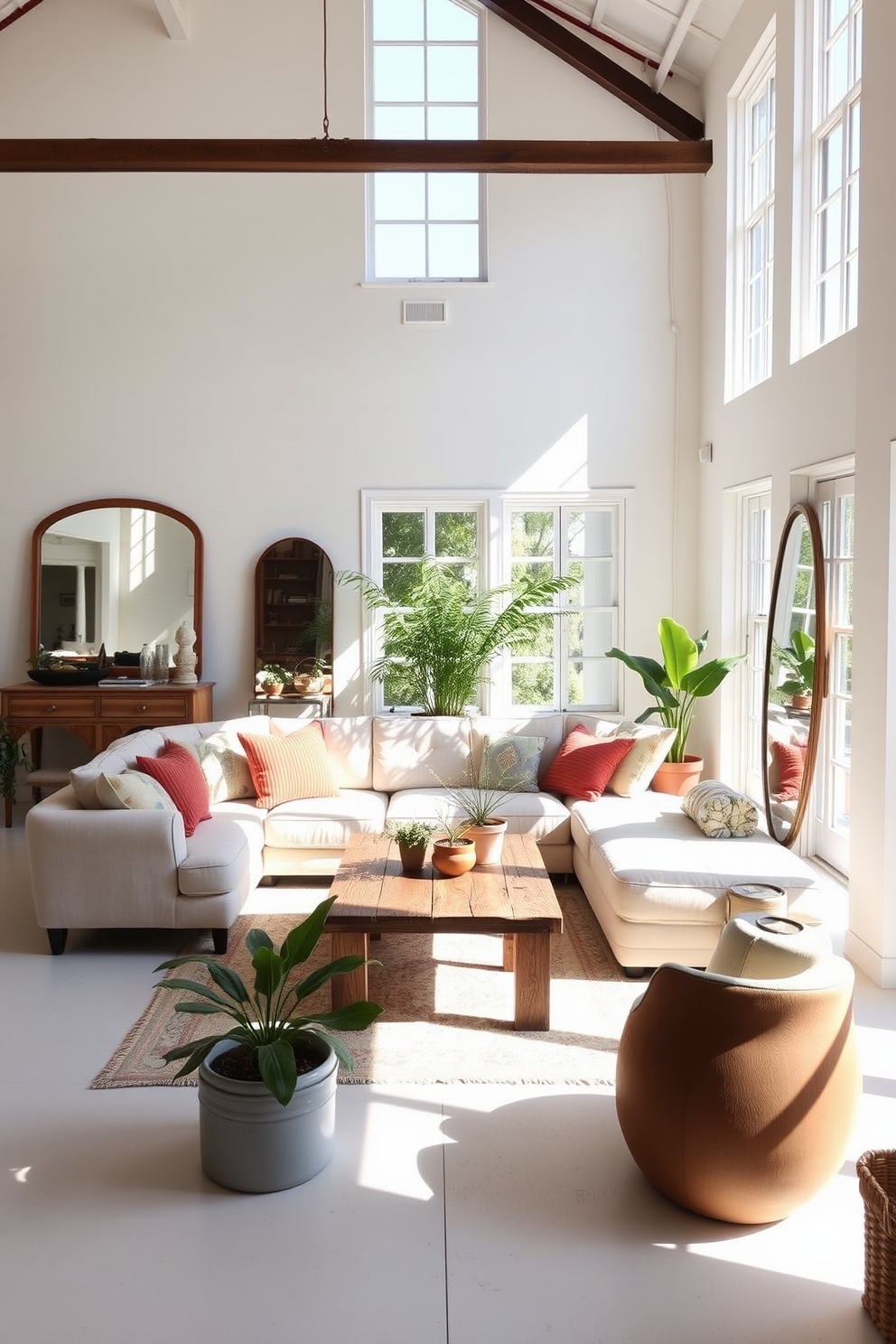 A bright and airy summer loft features large windows that invite abundant natural light. The walls are painted in soft white, and strategically placed mirrors reflect the sunlight, creating an illusion of more space. The decor includes a mix of modern and vintage furniture, with a comfortable sectional sofa adorned with colorful throw pillows. A rustic wooden coffee table sits in the center, surrounded by a few potted plants that add a touch of greenery to the space.