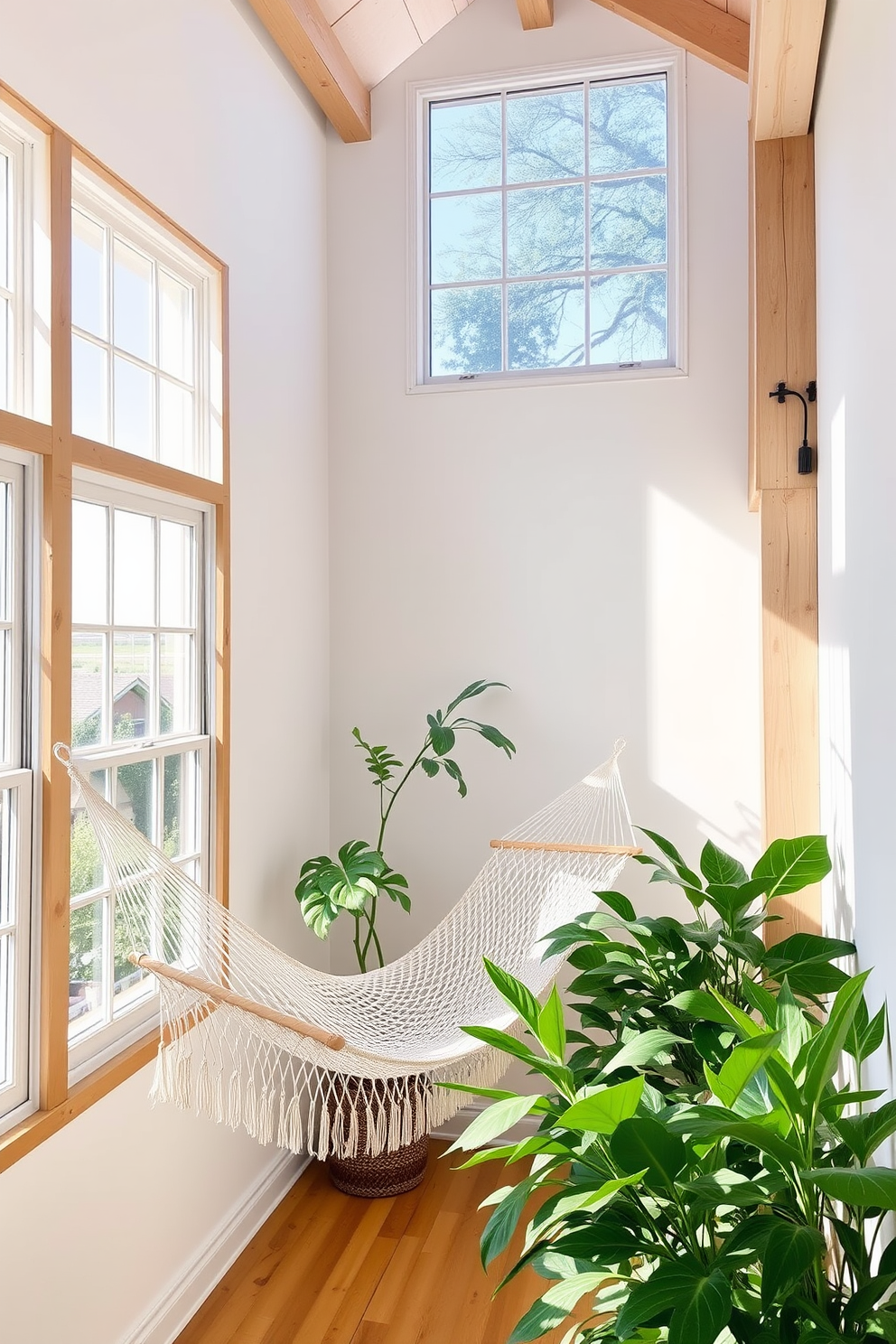 A bright and airy summer loft space features large windows that allow natural light to flood in. The walls are painted in a soft white, complemented by light wooden beams that add warmth to the atmosphere. In one corner, a cozy hammock is suspended between two sturdy posts, inviting relaxation and leisure. Surrounding the hammock are lush green plants that enhance the serene vibe of this inviting retreat.