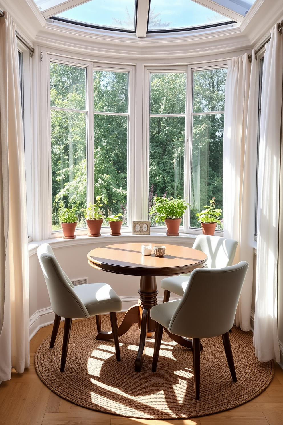 A sunlit breakfast nook area features a round wooden table surrounded by plush upholstered chairs in soft pastel colors. Large windows allow natural light to flood the space, while potted herbs add a touch of greenery on the windowsill. The walls are adorned with light, airy curtains that gently sway with the breeze. A woven rug underfoot complements the cozy atmosphere, creating a perfect spot for morning coffee and casual dining.