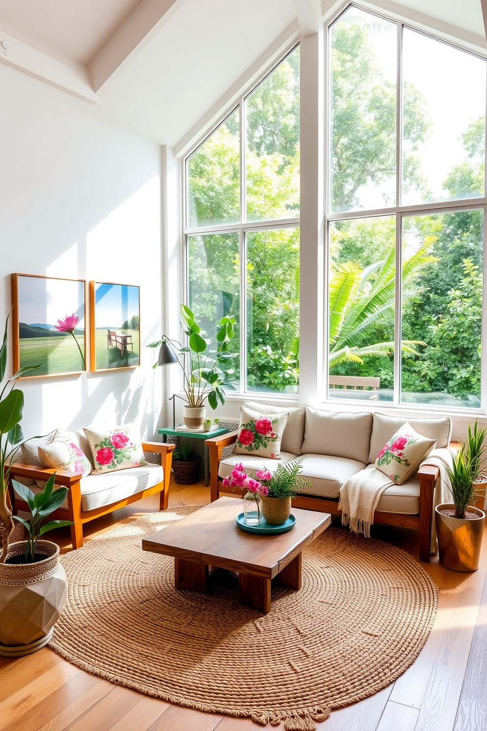 A bright and airy loft space features large windows that invite natural light and provide a view of lush greenery outside. The decor incorporates outdoor-inspired elements such as potted plants, a woven jute rug, and wooden accents that create a seamless connection with nature. The seating area includes a comfortable sectional sofa adorned with botanical-patterned cushions and a reclaimed wood coffee table. Wall art depicting serene landscapes and vibrant florals adds a touch of summer charm to the overall design.