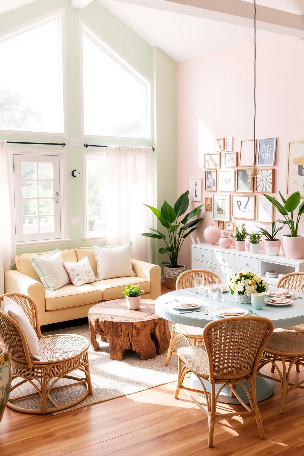 A bright and airy summer loft filled with natural light. The walls are painted in soft pastel shades of mint green and blush pink, creating a serene atmosphere. A cozy seating area features a plush light yellow sofa adorned with pastel throw pillows. A round coffee table made of reclaimed wood sits in the center, surrounded by woven rattan chairs. The dining space showcases a pastel blue table set for brunch with delicate floral arrangements. Large windows draped with sheer white curtains allow sunlight to filter in gently. A gallery wall displays an eclectic mix of pastel artwork and photographs. Potted plants in pastel ceramic pots add a touch of greenery and life to the decor.