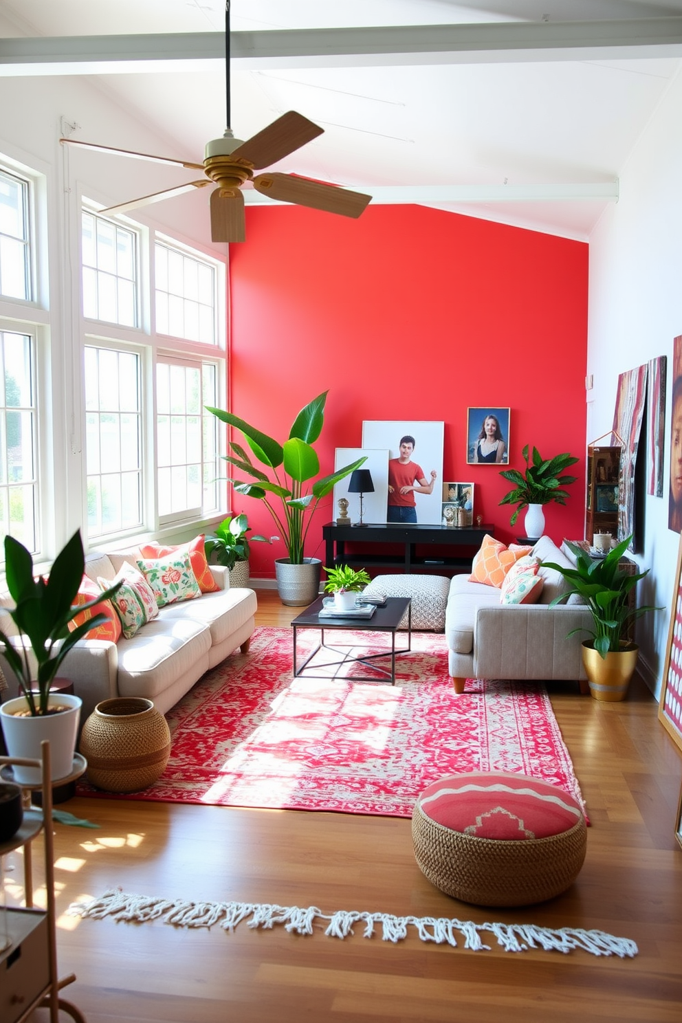 A bright and airy summer loft featuring a bold accent wall painted in a vibrant coral hue. The space is filled with natural light, highlighting the open layout and stylish furnishings that create a relaxed yet chic atmosphere. A cozy seating area includes a plush sectional sofa adorned with colorful throw pillows and a large area rug that ties the room together. Potted plants and artistic decor pieces add a touch of greenery and personality to the loft's inviting ambiance.