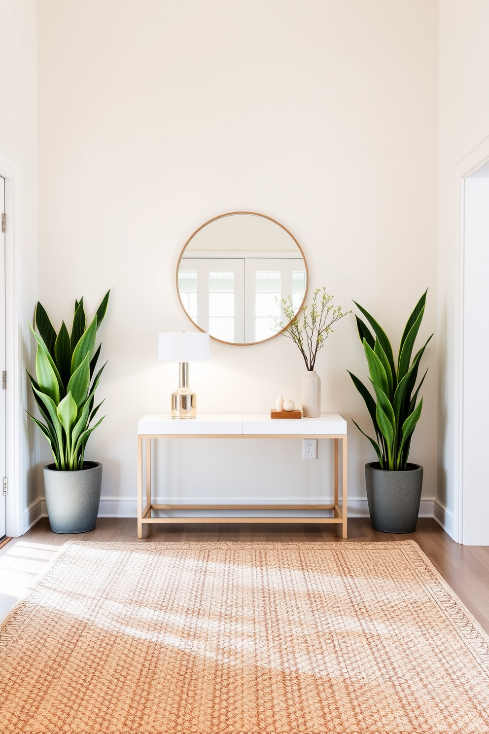 A bright and airy entryway welcomes visitors with a large, woven area rug that adds warmth to the space. Flanking the entrance are two tall potted plants that bring a touch of nature indoors, while a sleek console table holds a stylish lamp and decorative items. The walls are painted in a soft pastel hue, creating a serene atmosphere. A round mirror hangs above the console table, reflecting light and enhancing the sense of openness in the entryway.