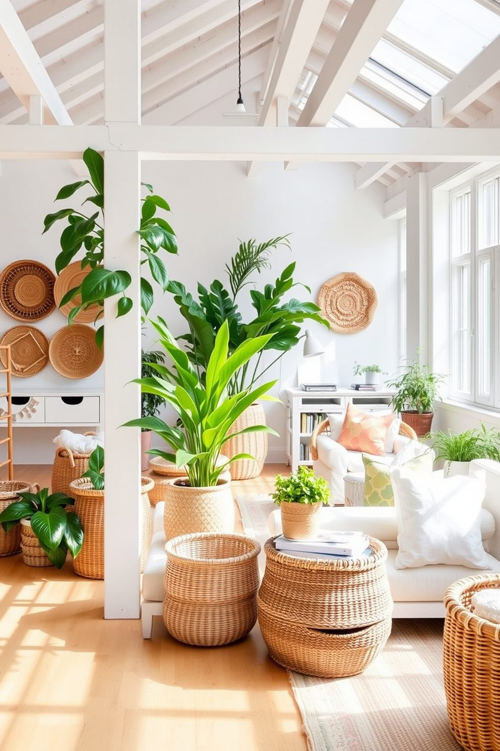 A bright and airy summer loft features decorative baskets strategically placed throughout the space for stylish storage solutions. The open layout is complemented by light-colored furniture and vibrant greenery, creating a refreshing and inviting atmosphere.