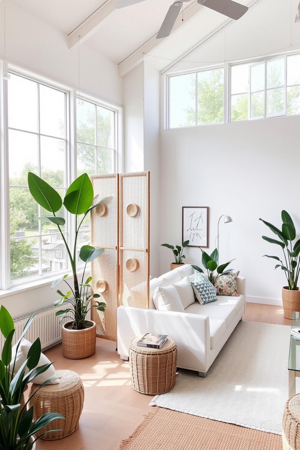 A stylish summer loft features a spacious open layout with large windows that allow natural light to flood the space. A decorative room divider made of woven materials separates the living area from a cozy reading nook, enhancing the airy feel of the loft. The color palette is light and breezy, with soft whites and pastel accents that reflect the summer vibe. Potted plants are strategically placed throughout the space, adding a touch of greenery and vibrancy to the overall decor.