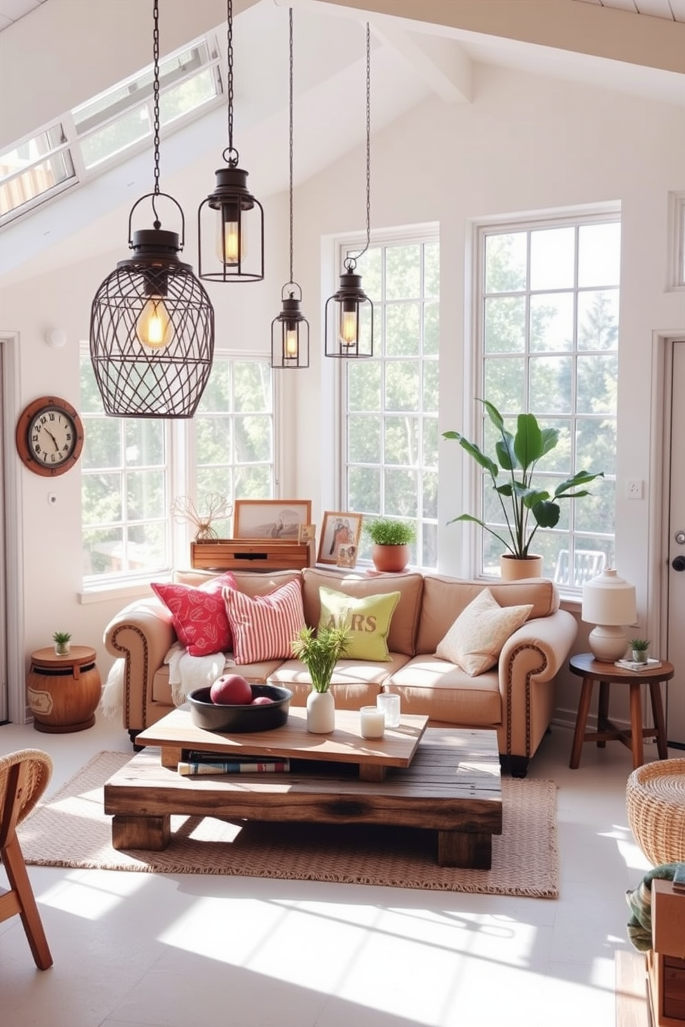 A bright and airy summer loft decorated with a mix of modern and vintage elements. Large windows allow natural light to flood the space, highlighting the soft pastel color palette. Stylish lanterns hang from the ceiling, casting a warm glow throughout the room. A cozy seating area features a plush sofa adorned with colorful throw pillows and a rustic coffee table.