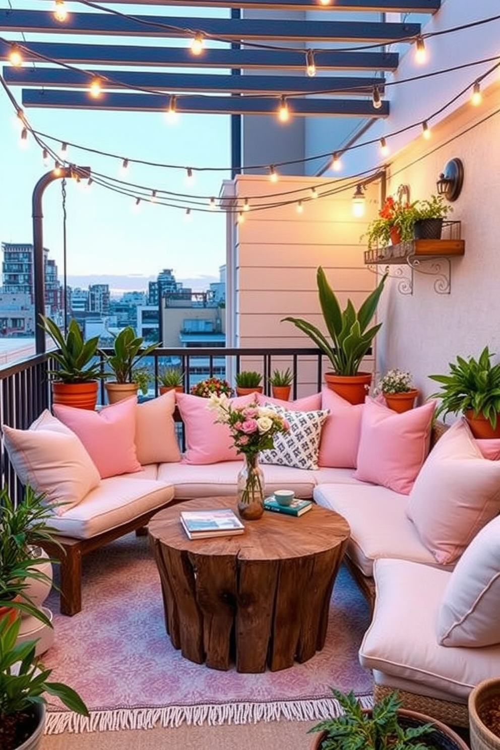 A cozy outdoor balcony setup features a comfortable seating area with plush cushions in soft pastel colors. A small round table made of reclaimed wood sits at the center, adorned with a vase of fresh flowers and a few books for leisurely reading. String lights are draped overhead, creating a warm and inviting ambiance during the evening. Potted plants in various sizes line the balcony edges, adding a touch of greenery and enhancing the summer loft decorating ideas.