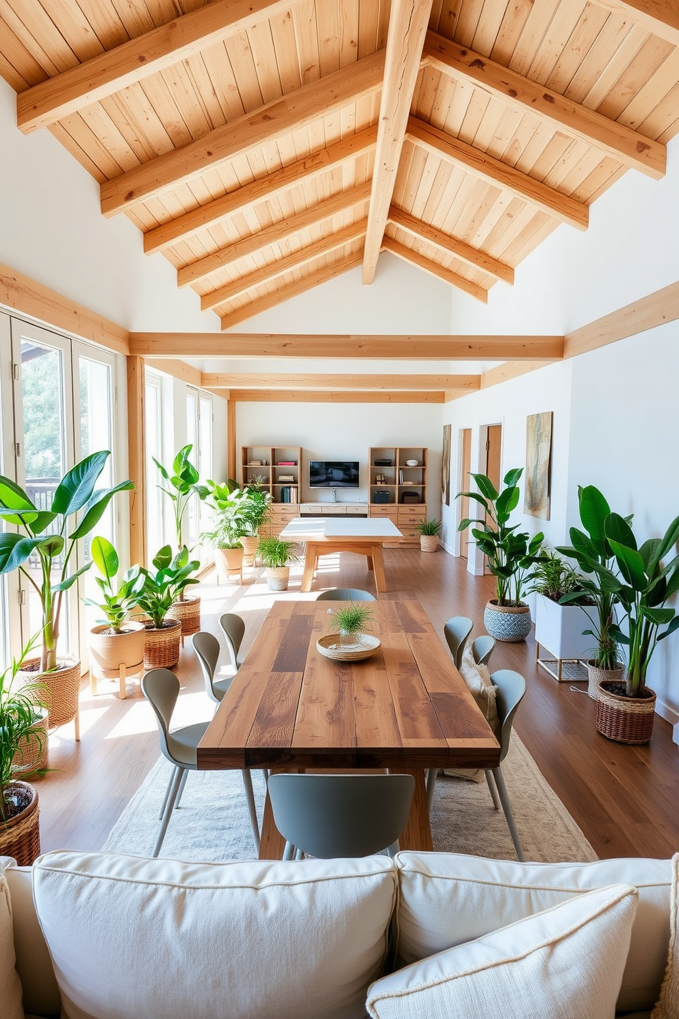 A bright and airy summer loft featuring natural wood accents throughout. The open space is filled with light, showcasing wooden beams on the ceiling and a reclaimed wood dining table surrounded by modern chairs. Lush greenery is incorporated with potted plants placed strategically around the room. Soft, neutral textiles are used for the sofa and cushions, creating a cozy yet stylish atmosphere.