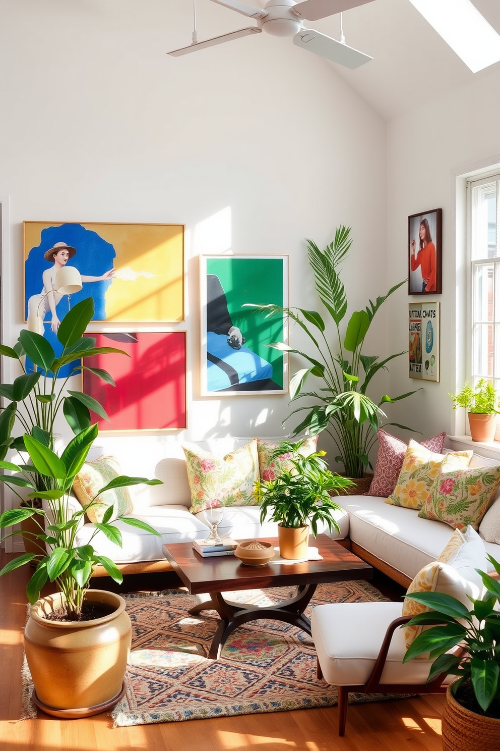 Create a bright and airy summer loft filled with natural light. Incorporate vibrant artwork on the walls to energize the space and serve as focal points in the room. Use a mix of colorful throw pillows and light fabrics to enhance comfort and style. Add greenery with potted plants to bring a refreshing touch to the decor.