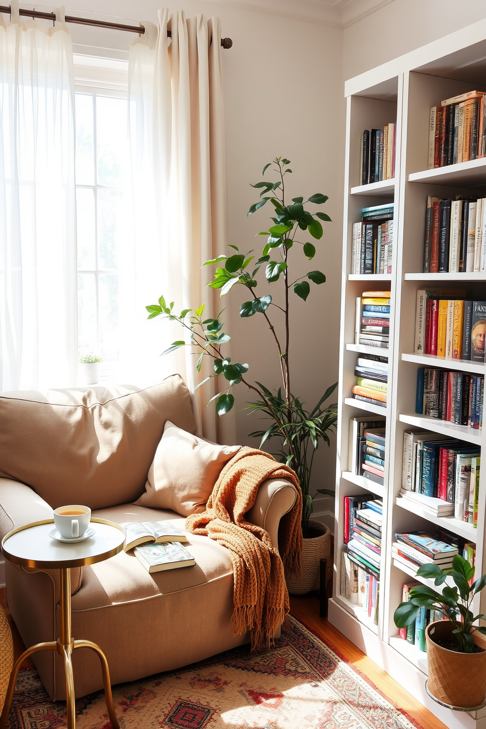 A cozy reading nook corner features a plush oversized armchair upholstered in soft linen fabric. A small round side table holds a steaming cup of tea and a stack of well-loved books, while a warm, woven throw drapes over the arm of the chair. Natural light streams in through a large window adorned with sheer curtains, illuminating a nearby bookshelf filled with colorful novels. Potted plants add a touch of greenery, creating a serene atmosphere perfect for curling up with a good book.