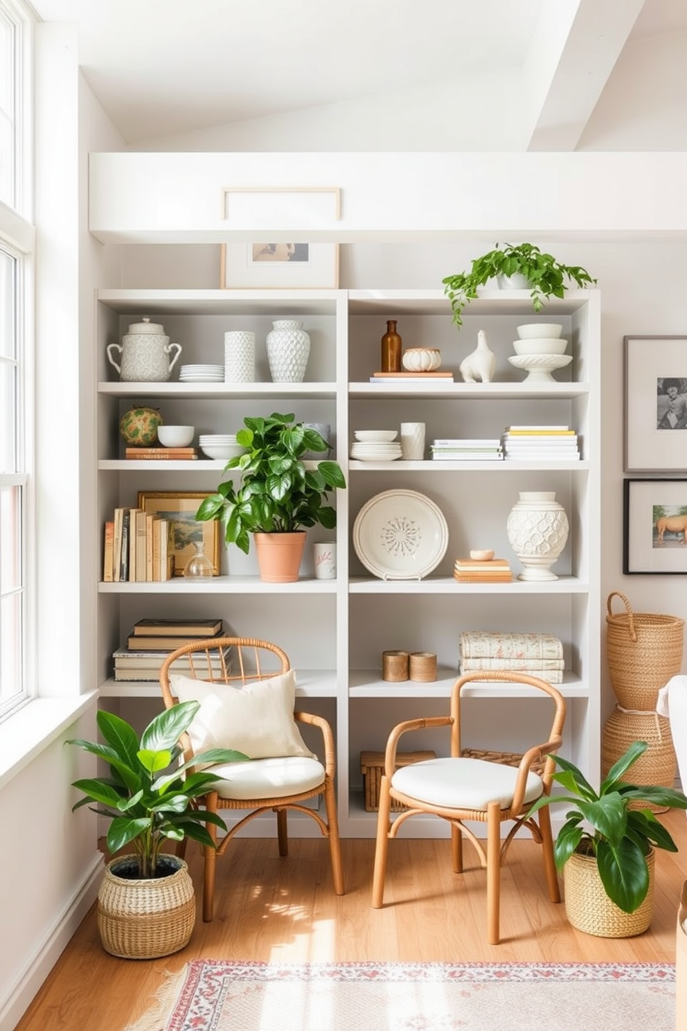 Create a bright and airy summer loft space featuring open shelving that beautifully displays a curated selection of decor items. Incorporate natural light through large windows, and use soft, neutral tones to enhance the relaxed atmosphere.