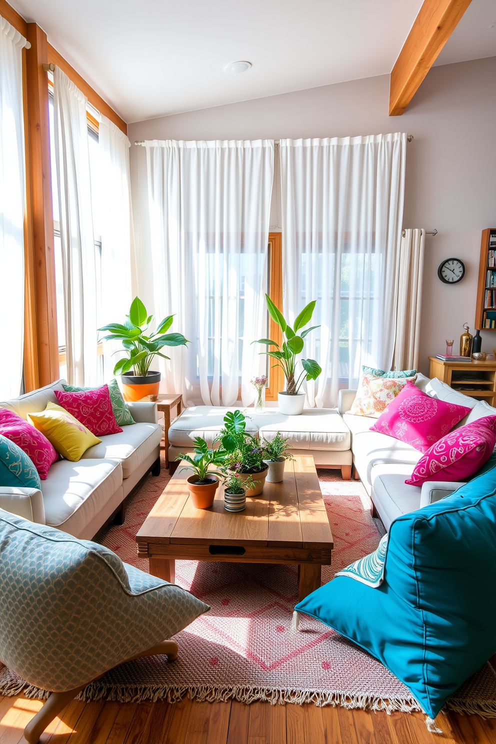 A bright and airy summer loft filled with natural light. The space features a comfortable sectional sofa adorned with an array of colorful throw pillows in vibrant patterns and textures. Large windows draped with sheer white curtains allow sunlight to filter in, enhancing the cheerful ambiance. A wooden coffee table sits in the center, surrounded by a few potted plants that add a touch of greenery to the decor.