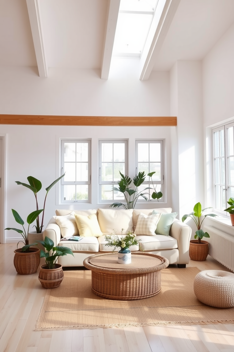 A bright and airy loft space with light-colored walls that create a fresh and inviting atmosphere. The decor features soft pastel accents, with a comfortable sofa adorned with light cushions and a woven coffee table in the center. Large windows allow natural light to flood the room, enhancing the open feel of the space. Potted plants are strategically placed around the room, adding a touch of greenery and life to the summer-inspired decor.