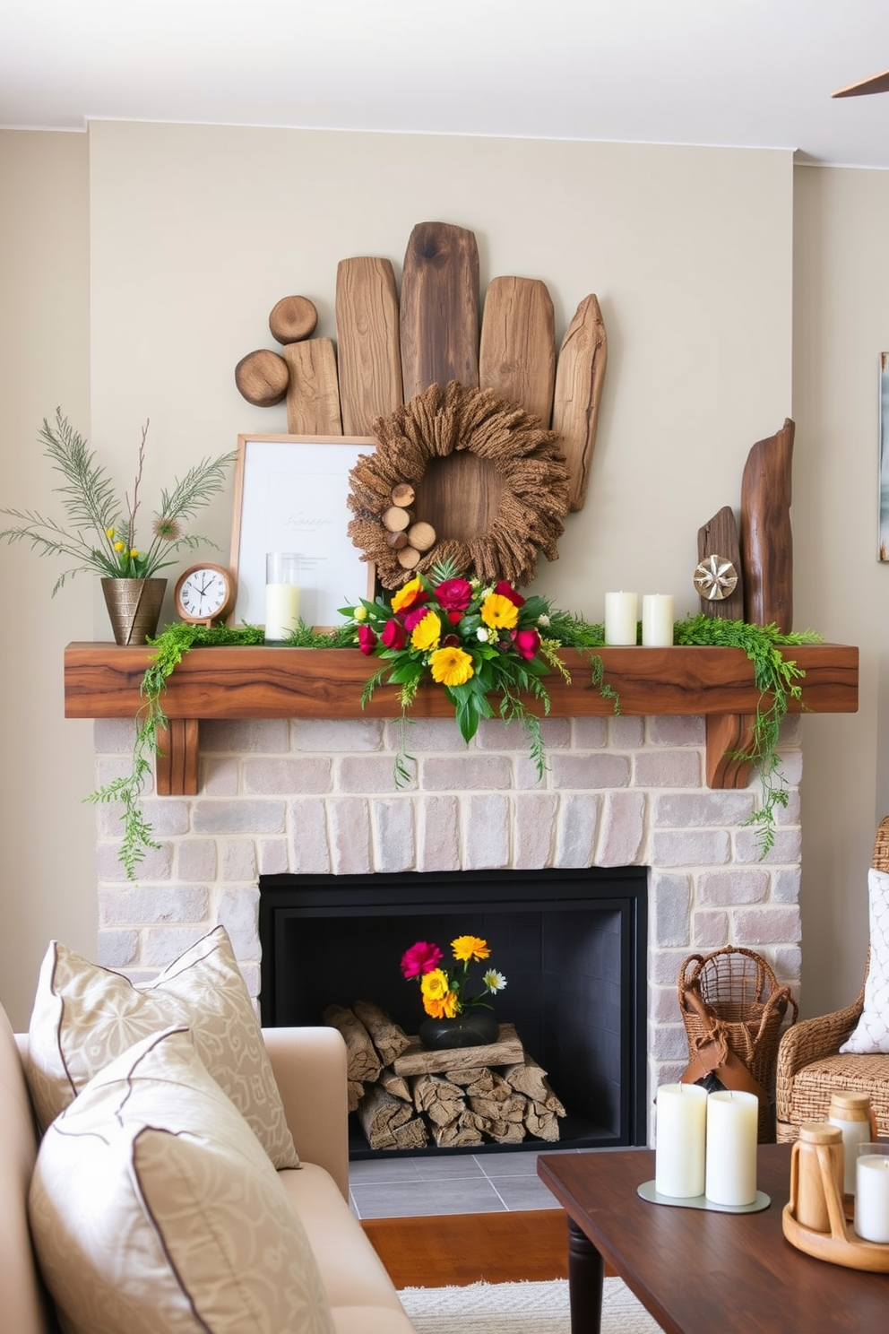 A cozy living room featuring a rustic mantel adorned with natural wood accents. The mantel is decorated with seasonal summer elements such as vibrant flowers, greenery, and soft candles for a warm ambiance.