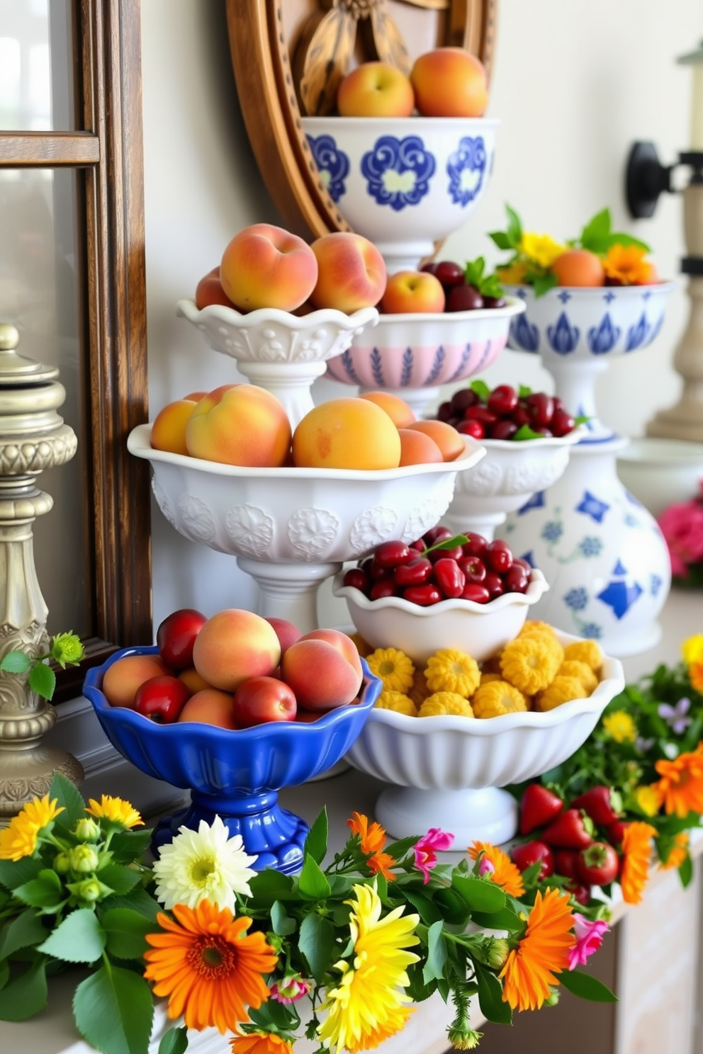 A vibrant summer mantel decorated with an assortment of decorative bowls filled with seasonal fruits such as peaches, cherries, and strawberries. The mantel is adorned with fresh greenery and bright flowers, creating a cheerful and inviting atmosphere.