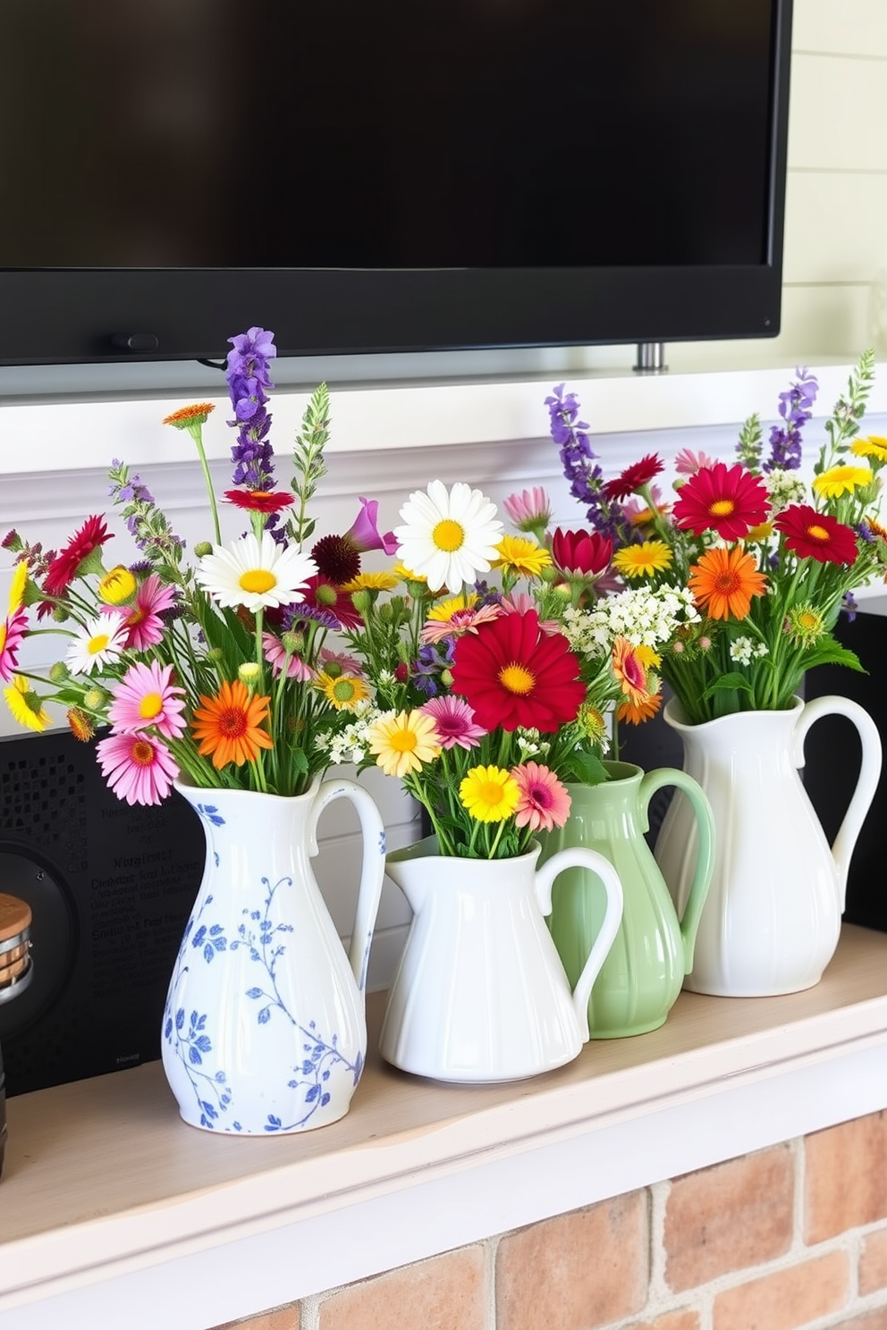 A charming summer mantel decorated with ceramic pitchers filled with vibrant wildflowers. The pitchers are arranged in varying heights, creating an inviting and whimsical display that captures the essence of the season.