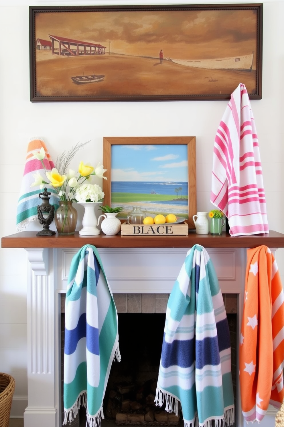 A charming summer mantel adorned with vintage beach towels draped artistically creates a relaxed coastal vibe. The towels feature vibrant colors and patterns, adding a playful touch to the decor while evoking memories of sun-soaked days by the ocean.