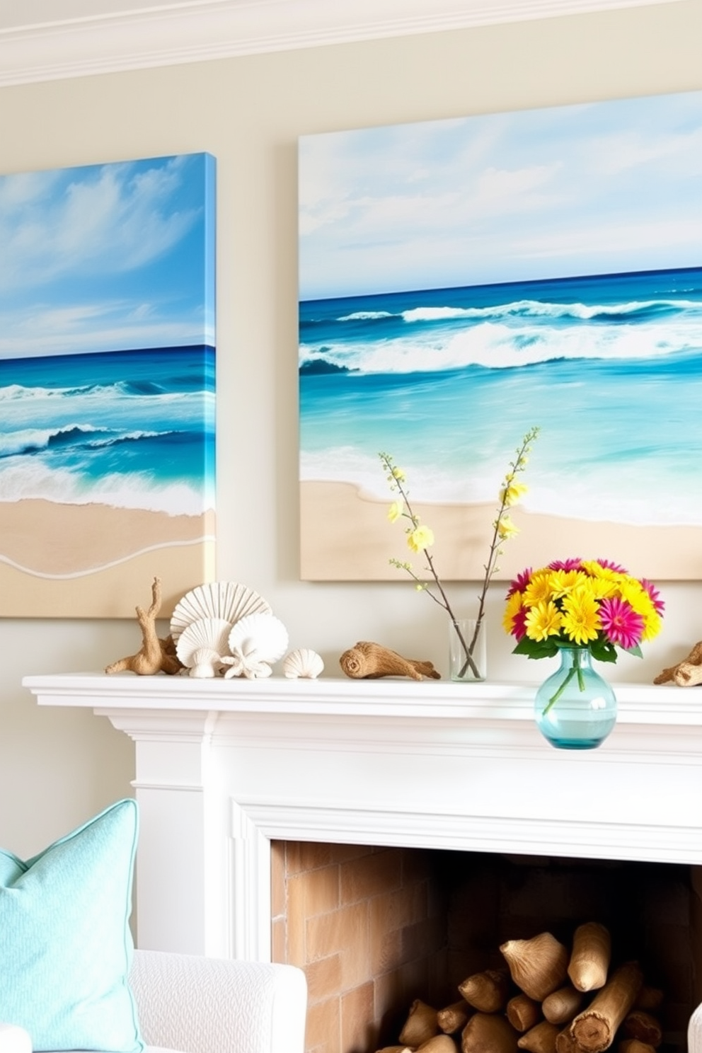 Ocean inspired art pieces as focal points. The room features large canvas paintings depicting serene ocean scenes, with shades of blue and sandy beige that evoke a coastal vibe. Summer Mantel Decorating Ideas. The mantel is adorned with bright, cheerful decor including seashells, driftwood accents, and vibrant floral arrangements that capture the essence of summer.