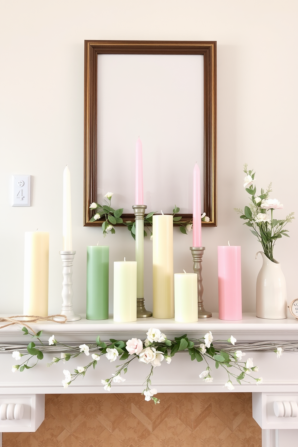 Pastel colored candles in varying heights are arranged on a beautifully styled mantel. The soft hues create a serene atmosphere, complemented by delicate floral accents and light summer decor.