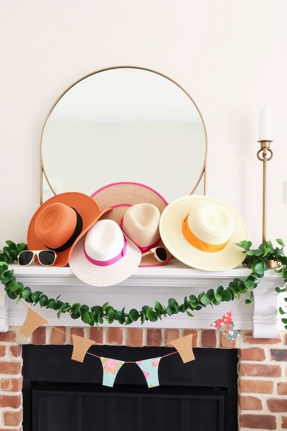 A bright and cheerful summer mantel featuring sun hats and sunglasses as decor. The mantel is adorned with colorful sun hats arranged artfully alongside stylish sunglasses, creating a playful and inviting atmosphere.