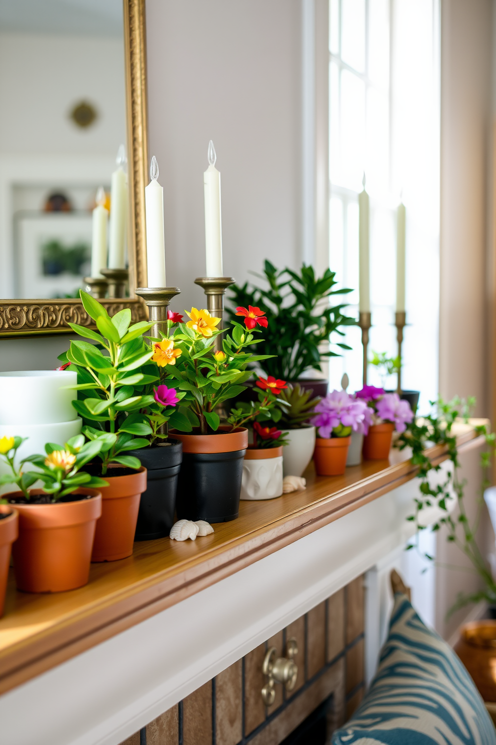 A charming summer mantel decorated with an assortment of miniature potted plants in varying sizes. The plants feature vibrant green leaves and colorful blooms, adding a fresh touch to the warm wooden mantel. Adorning the mantel are decorative elements like candles and seashells, evoking a breezy coastal vibe. Soft natural light filters in, enhancing the lively colors of the plants and creating a welcoming atmosphere.