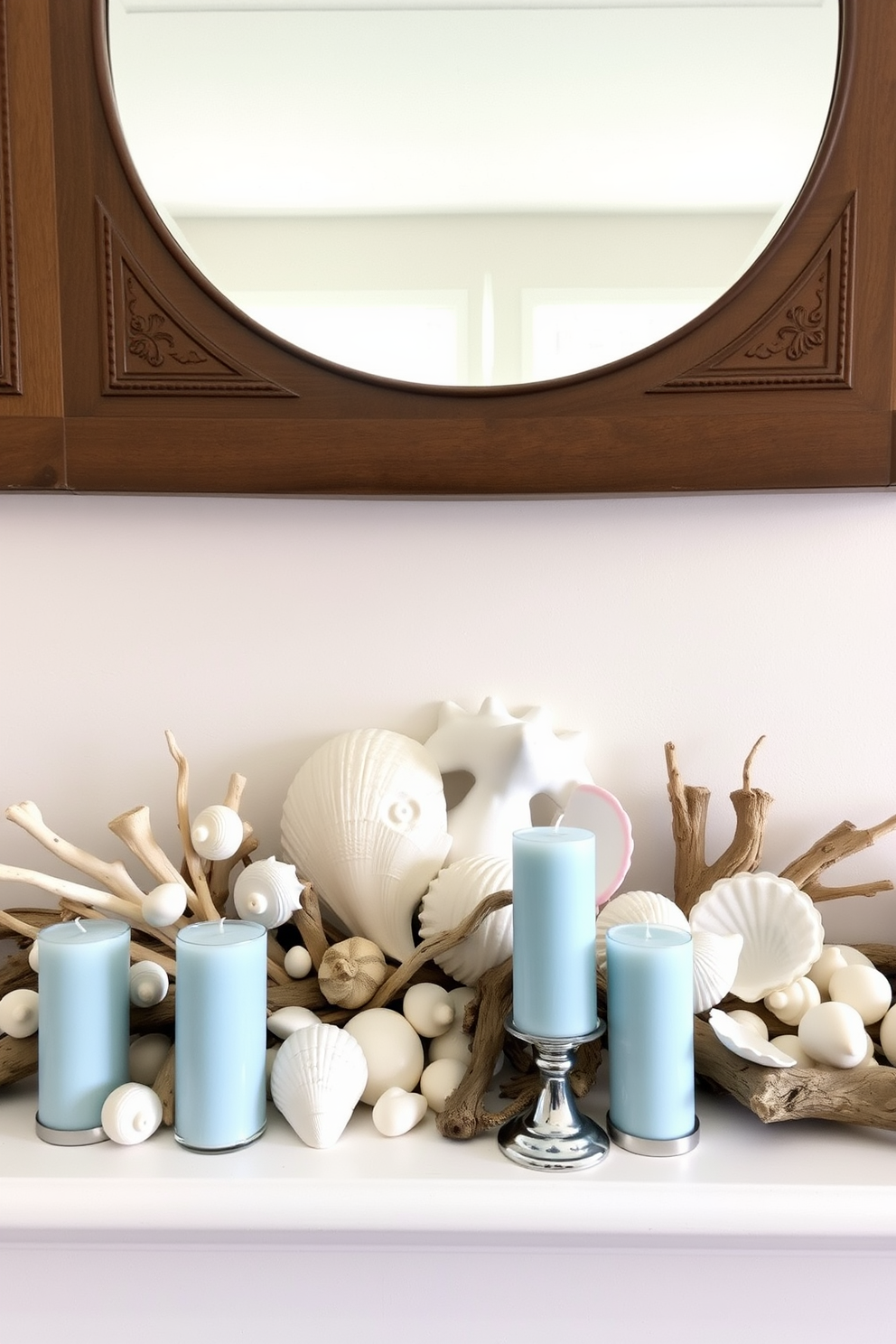 A bright and airy mantel decorated with coastal-themed decor. Seashells of various sizes are artfully arranged alongside a collection of driftwood and soft blue candles, creating a serene summer vibe.