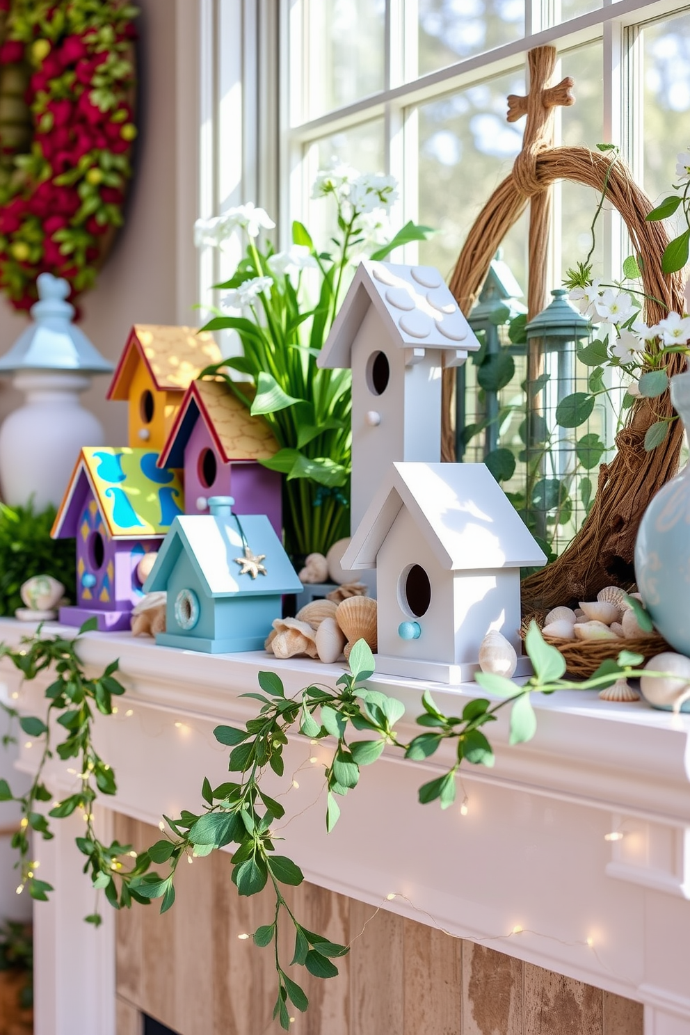 Charming birdhouses for a whimsical touch. Each birdhouse is uniquely designed with vibrant colors and intricate patterns, nestled among lush greenery and blooming flowers in a sunlit garden. Summer Mantel Decorating Ideas. The mantel is adorned with a collection of seashells, driftwood, and light blue accents, complemented by a garland of fresh greenery and delicate fairy lights for a cozy, inviting atmosphere.