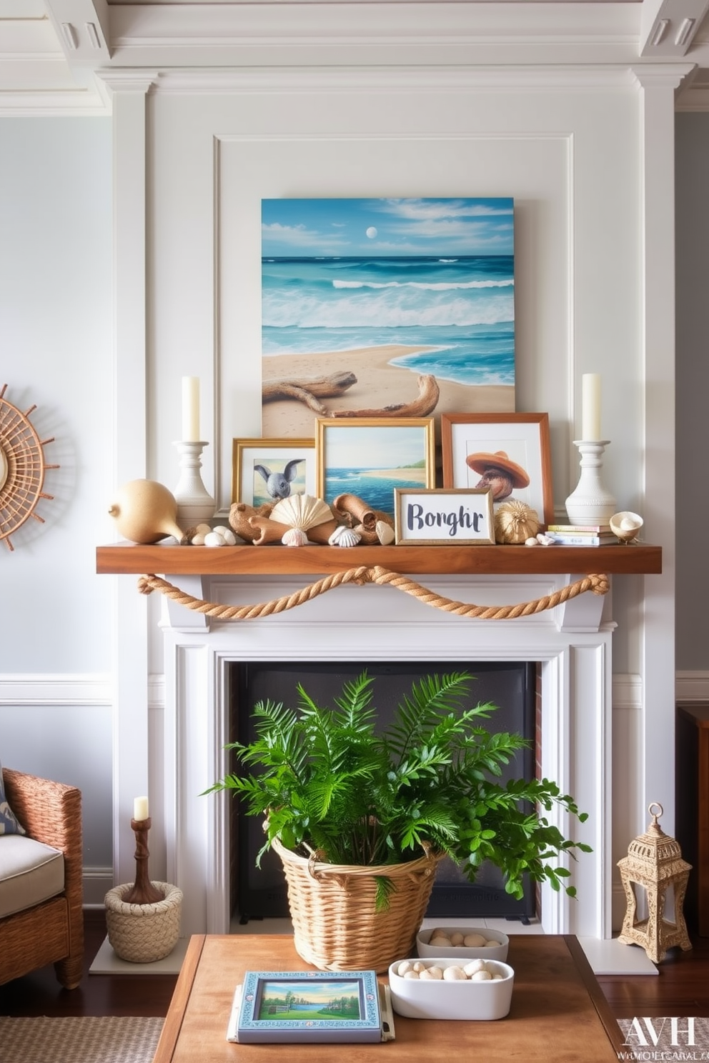 A coastal living room adorned with nautical rope accents that enhance the breezy summer vibe. The mantel is elegantly decorated with seashells, driftwood, and a collection of vibrant beach-themed artwork. The color palette features soft blues and sandy neutrals that evoke the essence of the ocean. Fresh greenery in woven baskets adds a touch of nature, completing the summer mantel decor.