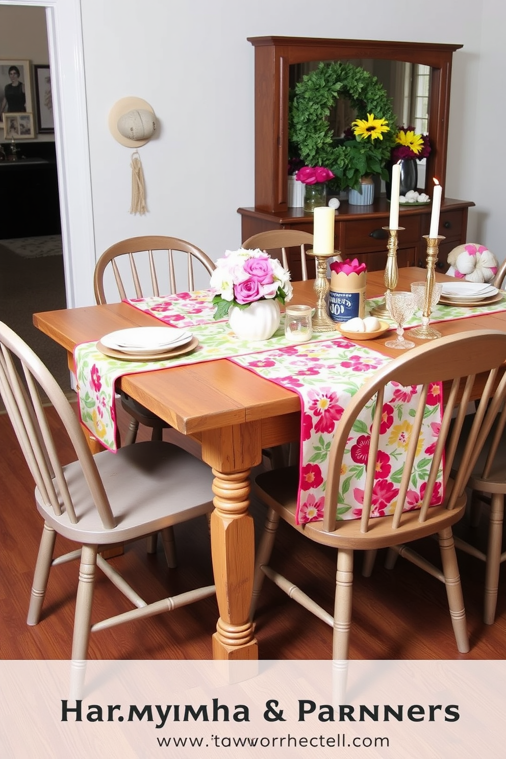 Create a vibrant dining scene featuring colorful table runners that add a cheerful touch to the table setting. The runners are adorned with floral patterns, complementing a rustic wooden table surrounded by mismatched chairs. Design a summer mantel that captures the essence of the season with fresh flowers and bright decorative accents. Incorporate seashells and candles in varying heights to create an inviting focal point.