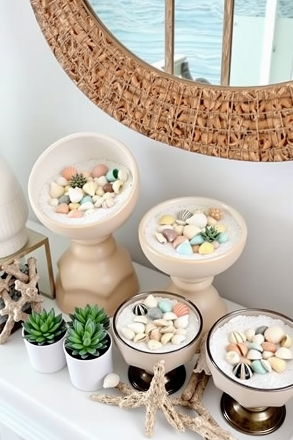 A charming summer mantel adorned with decorative bowls filled with soft white sand and an assortment of colorful seashells. The bowls are artfully arranged alongside small potted succulents and driftwood accents, creating a coastal-inspired display.