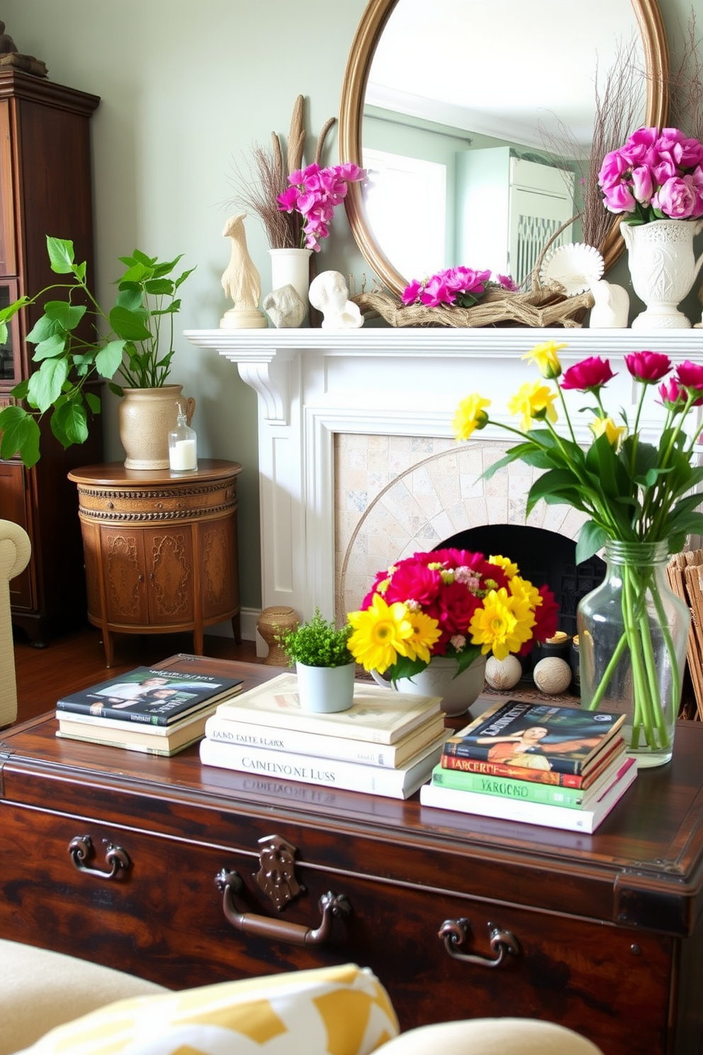 Vintage finds for a personalized touch. Imagine a cozy living room where an antique wooden chest serves as a coffee table, adorned with a collection of vintage books and a small potted plant. Summer Mantel Decorating Ideas. Picture a bright mantel decorated with a mix of seashells, driftwood accents, and vibrant floral arrangements, creating a refreshing summer vibe.