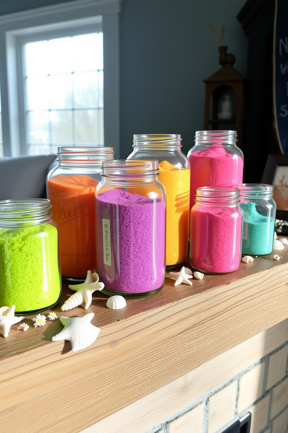 Clear jars filled with colored sand are arranged on a rustic wooden mantel. The jars vary in size and showcase vibrant hues of sand, creating a playful yet elegant display. Surrounding the jars are delicate summer-themed decorations, including small seashells and dried flowers. Soft, natural light filters through nearby windows, enhancing the cheerful ambiance of the mantel.