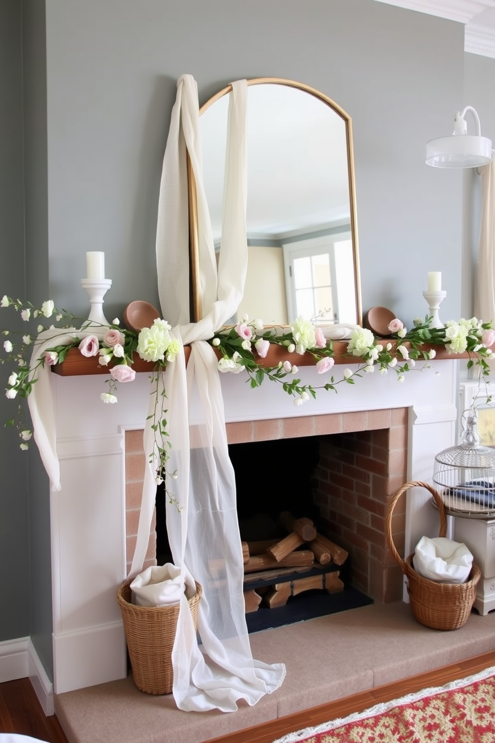 Lightweight linen garlands drape gracefully across the summer mantel adding a touch of softness and elegance. The garlands are adorned with delicate floral accents and subtle pastel hues to enhance the warm ambiance of the season.