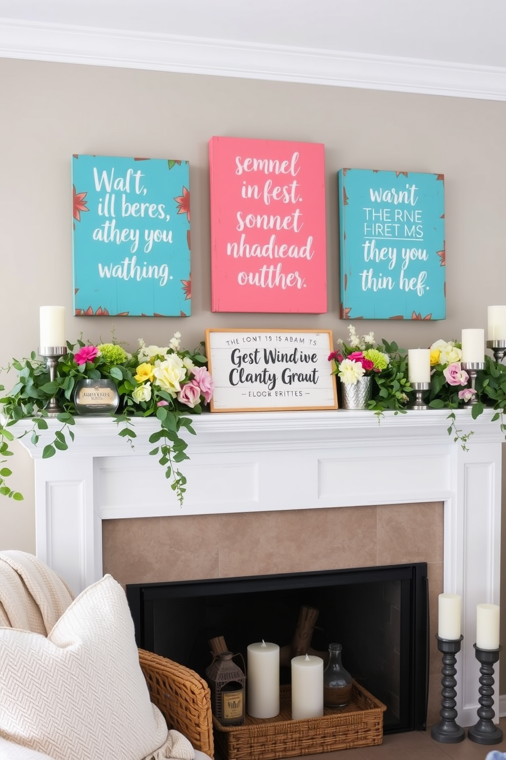 A charming summer mantel adorned with decorative signs featuring uplifting quotes about the season. The signs are crafted from reclaimed wood and painted in bright, cheerful colors, creating a vibrant focal point above the fireplace. Surrounding the signs, fresh greenery and seasonal flowers in pastel hues add a touch of nature. Soft, textured throws and light-colored candles complete the summer-inspired decor, inviting warmth and relaxation.