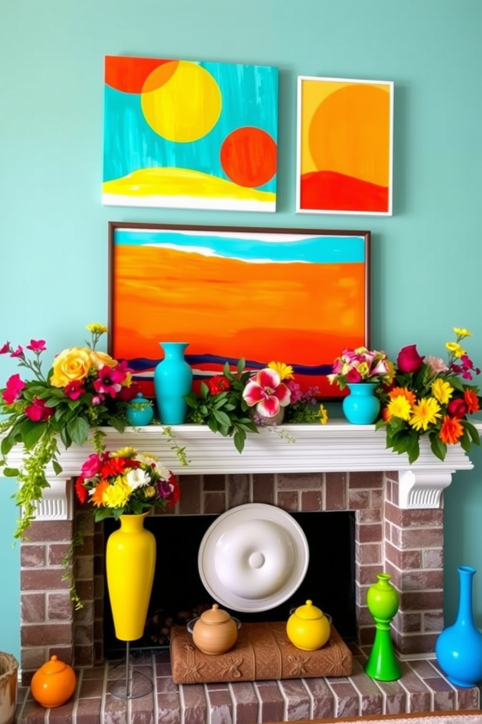 A vibrant summer mantel displays an array of bright colored artwork that captures the essence of the season. The artwork features bold hues of orange, yellow, and turquoise, creating a cheerful focal point above the mantel. Surrounding the artwork, fresh greenery and seasonal flowers in colorful vases add a lively touch. Complementing the decor, decorative objects in playful shapes and bright colors are strategically placed to enhance the summer theme.