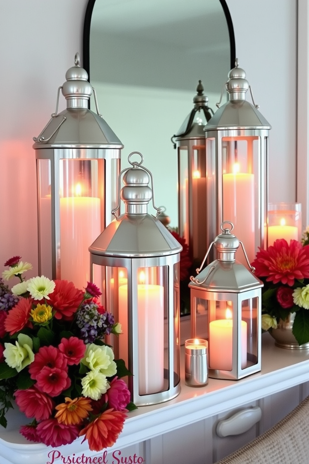 A cozy summer mantel adorned with glass lanterns filled with flickering candles creates a warm and inviting atmosphere. The lanterns are arranged symmetrically, complemented by fresh seasonal flowers and colorful accents that reflect the essence of summer.