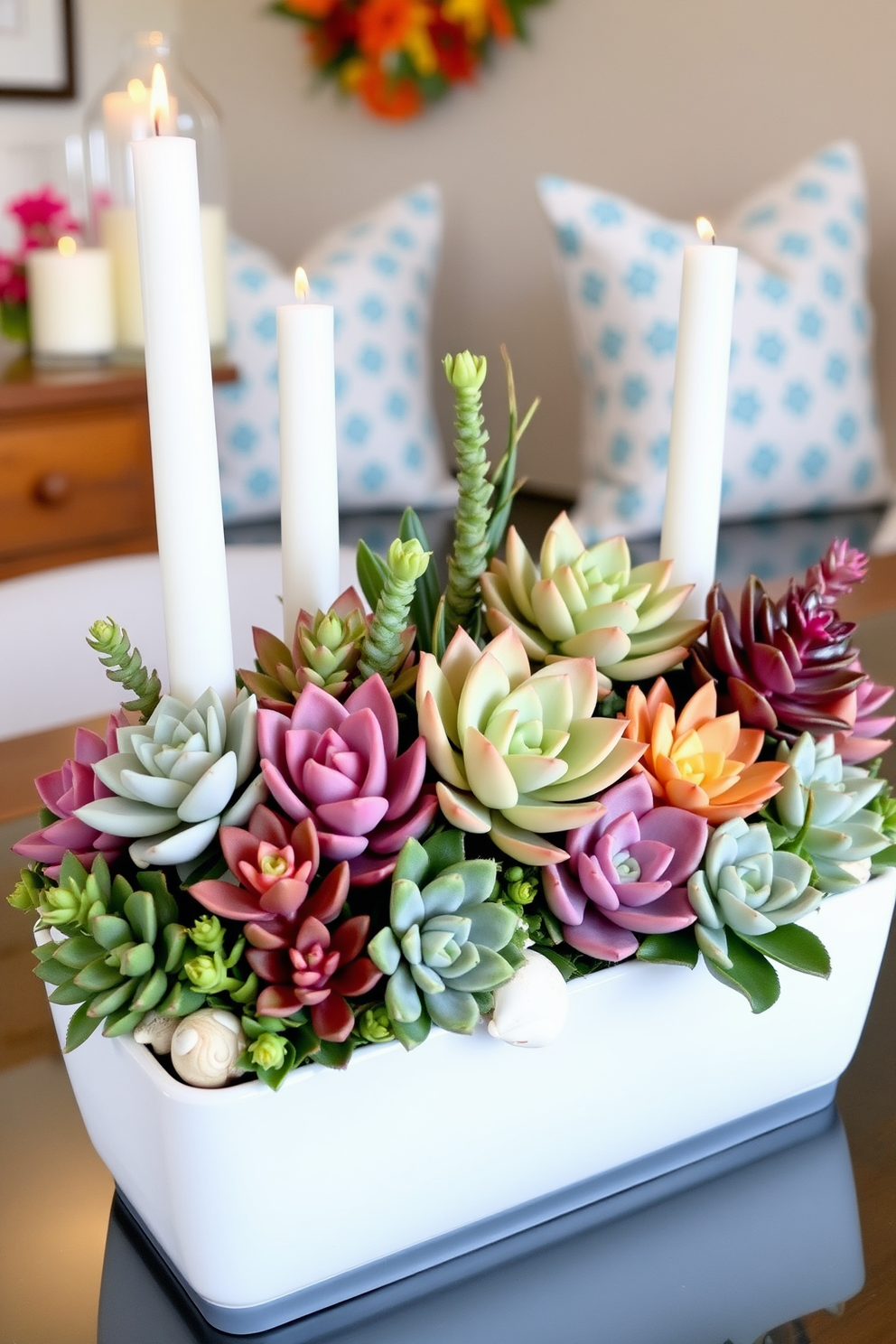 Create a stunning succulent arrangement featuring a variety of colorful succulents in a sleek ceramic planter. The arrangement should include different shapes and sizes, showcasing the unique textures and colors of each succulent. Design a summer mantel that incorporates natural elements and bright colors. Use fresh flowers, seashells, and candles to create a vibrant and inviting atmosphere, while maintaining a cohesive and stylish look.