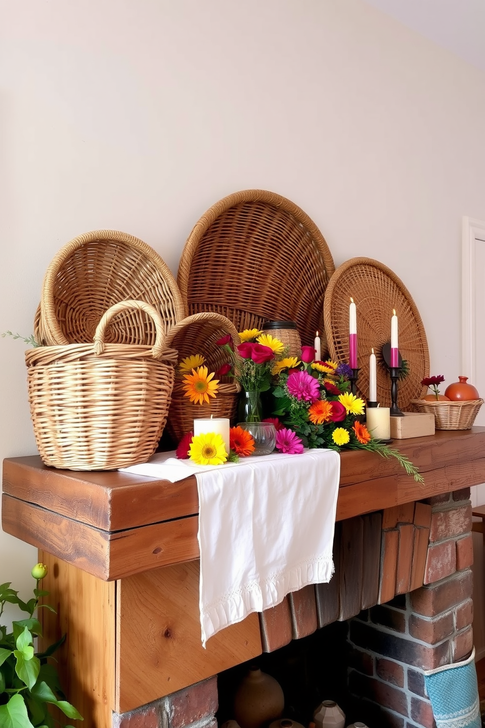 Woven baskets of various sizes are arranged on a rustic wooden mantel, adding texture and warmth to the space. The mantel is adorned with seasonal decorations, including vibrant summer flowers and colorful candles, creating a cheerful atmosphere.