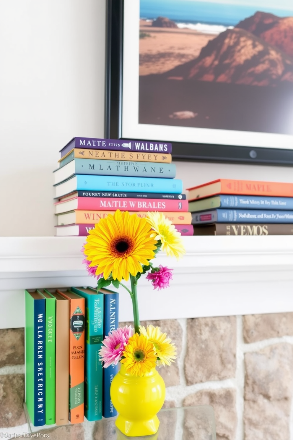 A vibrant mantel decorated for summer showcases colorful books stacked artfully, creating an inviting focal point. Fresh flowers in a bright vase complement the arrangement, adding a touch of nature and warmth to the space.