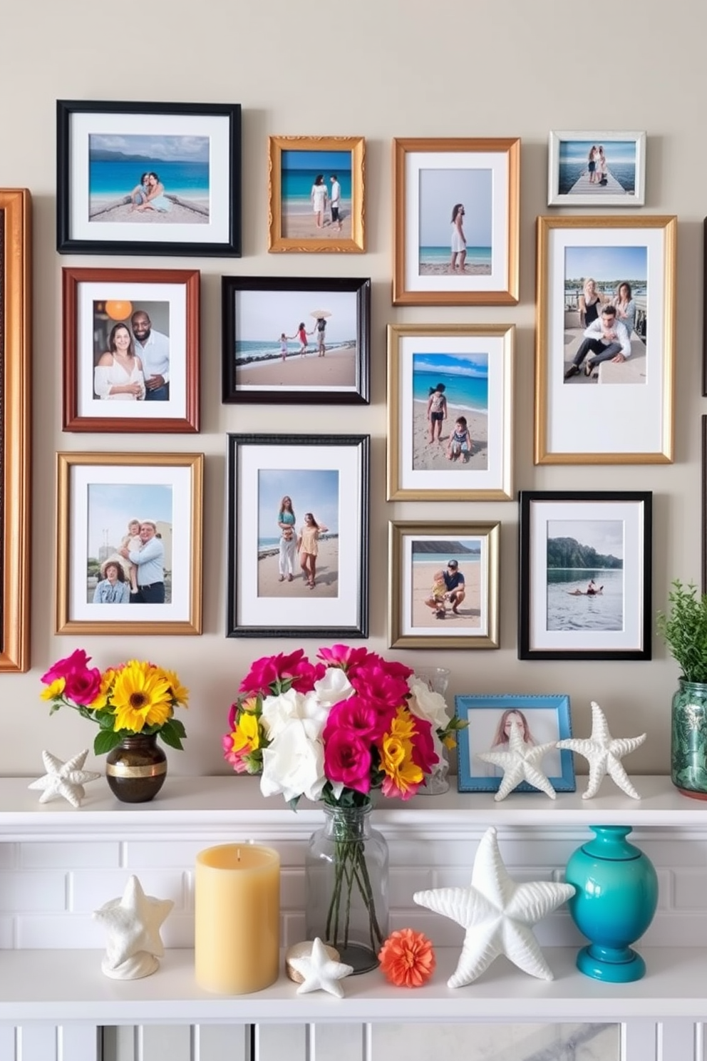 Framed summer vacation photos are arranged in a stylish gallery wall. The frames vary in size and finish, creating an eclectic yet cohesive look that brings warmth and nostalgia to the space. The mantel is adorned with seasonal decorations, featuring bright floral arrangements and beach-themed accents. A few carefully placed candles add a touch of elegance, while colorful decorative objects evoke the essence of summer.