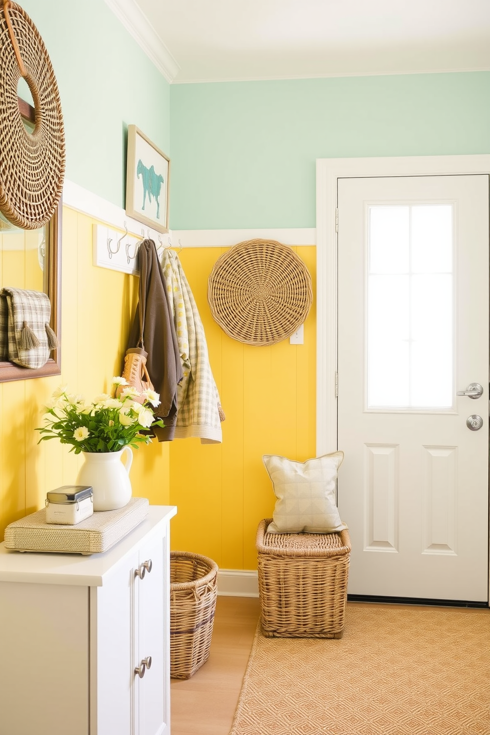 Brighten walls with cheerful paint colors to create a welcoming atmosphere. Incorporate vibrant hues like sunny yellow or soft turquoise for an uplifting effect. For summer mudroom decorating ideas, use light and airy textiles to enhance the space. Add functional storage solutions like woven baskets and hooks for a tidy appearance.