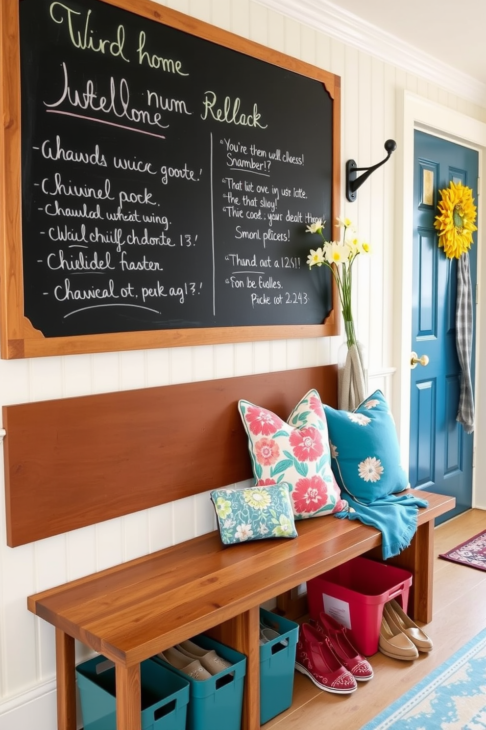 A bright and welcoming mudroom features a large chalkboard mounted on the wall for messages and reminders. The space is adorned with summer-themed decor, including vibrant cushions on a wooden bench and colorful storage baskets for shoes.