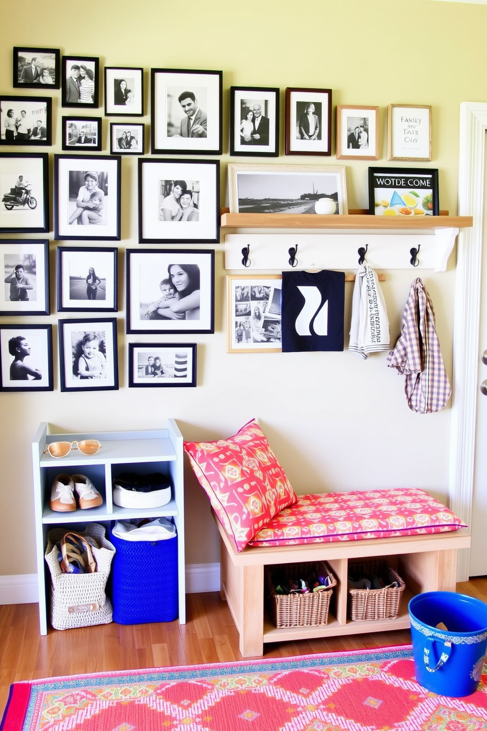 Create a family photo wall that showcases a variety of framed pictures in different sizes. The wall features a mix of black and white, color photographs, and artistic prints arranged in a cohesive yet eclectic style. Design a summer mudroom that incorporates bright colors and natural materials. Include a bench with colorful cushions, open shelving for storage, and hooks for hanging summer gear, all complemented by a vibrant area rug.