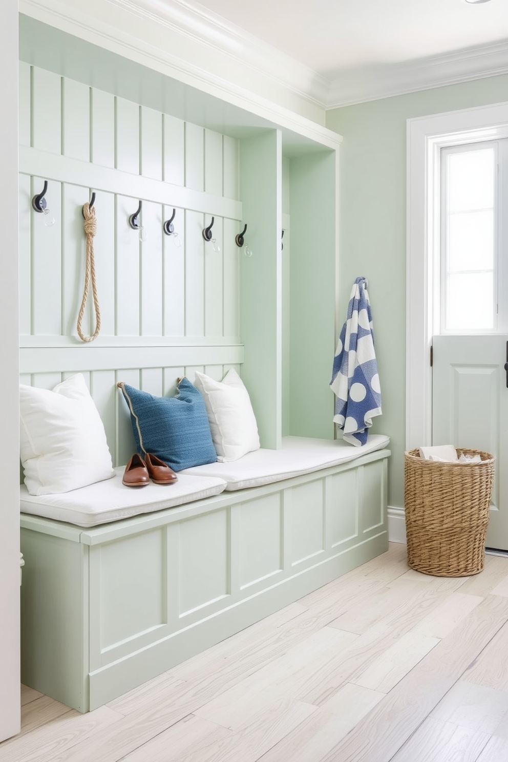 A bright and airy mudroom decorated in a beach-themed style. The walls are painted in a soft seafoam green, and the flooring features light, weathered wood planks. There are built-in benches with plush white cushions, perfect for sitting while removing shoes. Nautical accents like rope hooks and a large woven basket for beach towels complete the coastal vibe.