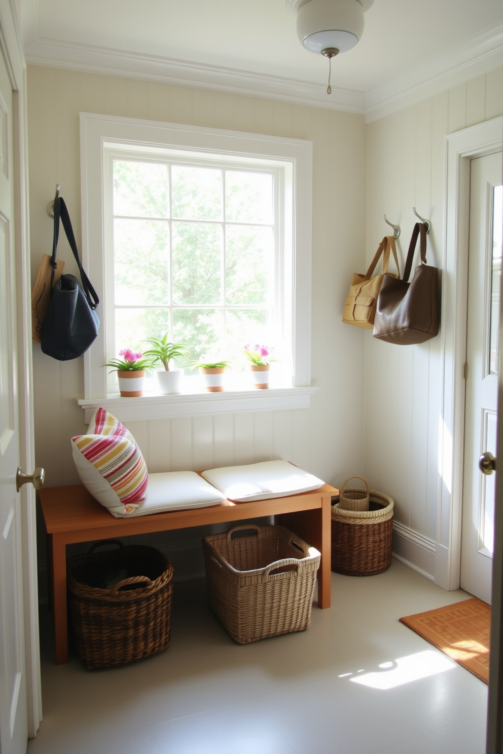 A bright and airy mudroom features a small wooden bench with soft cushions, providing a comfortable spot to sit while removing shoes. The walls are painted in a light pastel color, and hooks are mounted above the bench for hanging bags and jackets. Decorative baskets are placed on the floor, adding both style and storage for outdoor gear. A large window allows natural light to flood the space, and potted plants are arranged on the windowsill for a fresh touch.