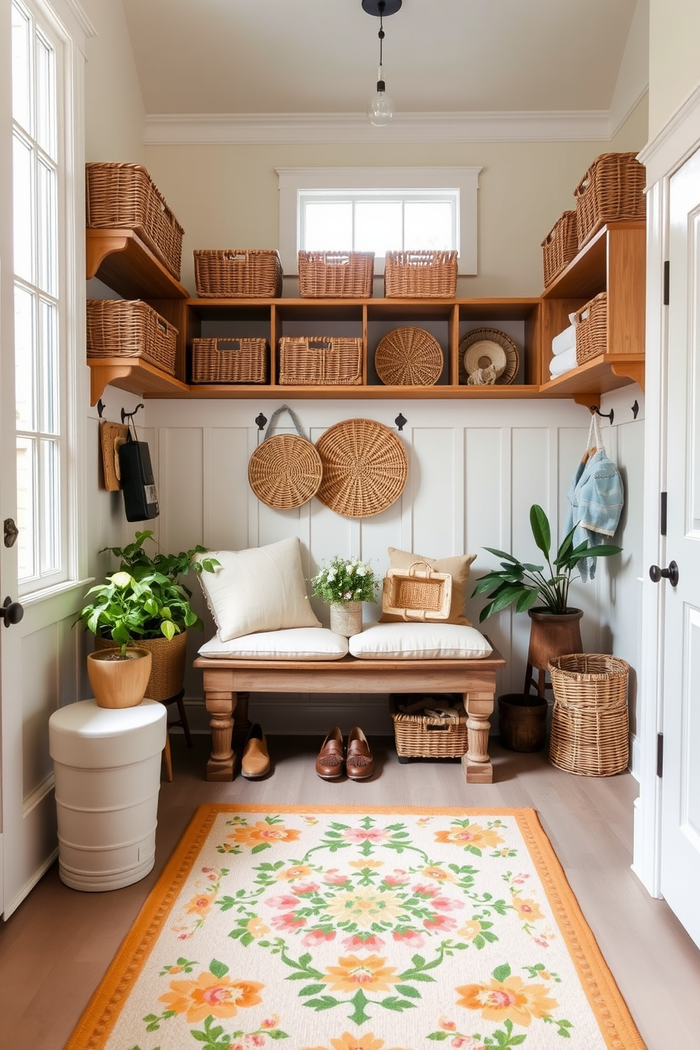 A bright and airy mudroom features a combination of woven baskets neatly arranged on sturdy wooden shelves. The walls are painted in a soft pastel hue, and a large window allows natural light to flood the space. A rustic bench with plush cushions sits in the center, providing a comfortable spot to put on shoes. Potted plants add a touch of greenery, while a cheerful rug anchors the room, completing the summer-inspired decor.