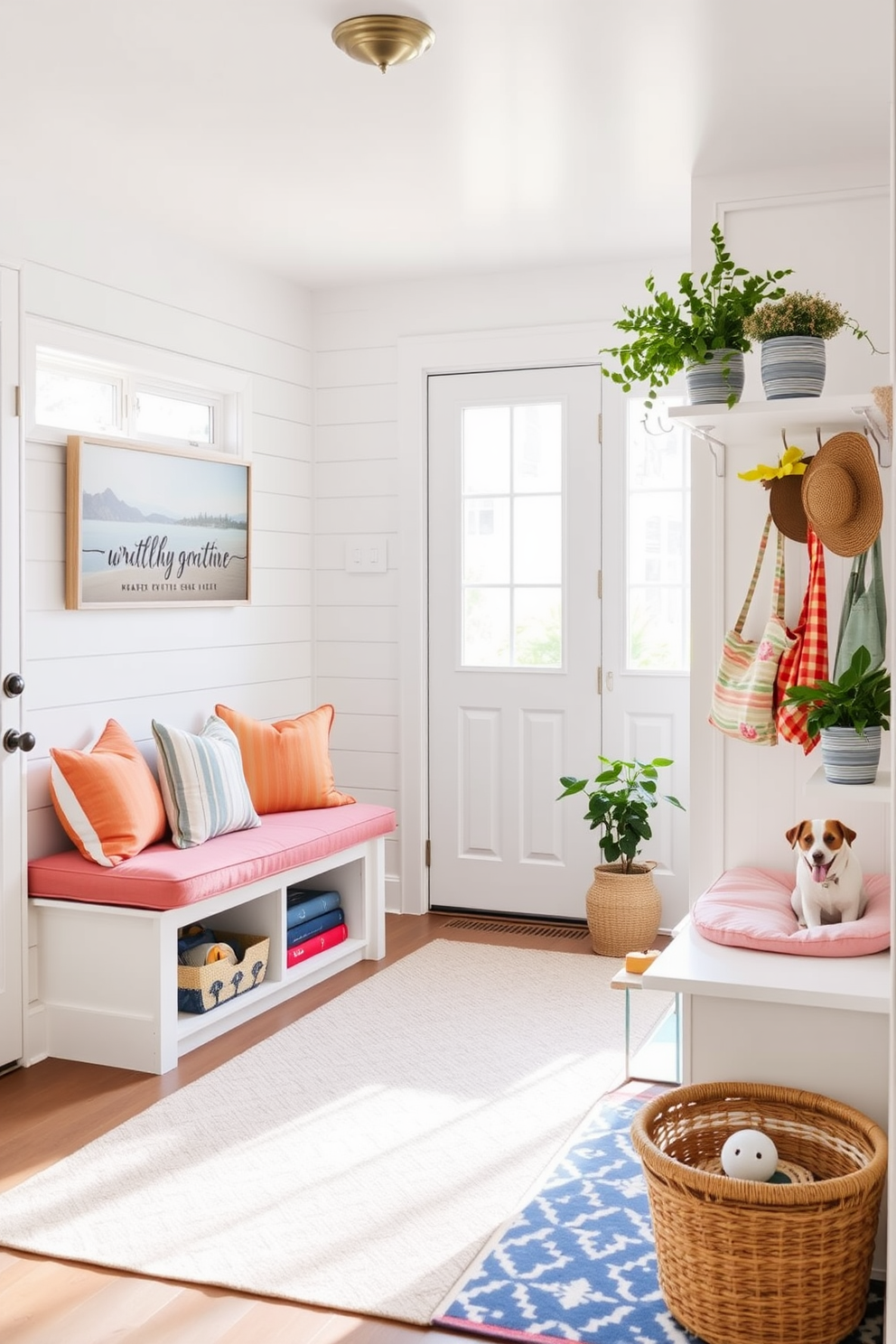 A bright and inviting summer mudroom features a spacious entryway with a built-in bench and colorful cushions. The walls are adorned with shiplap in a soft pastel hue, and a stylish area rug adds warmth underfoot. To the right, a small pet area is seamlessly integrated with a cozy bed and storage for toys. Decorative hooks hold summer hats and bags, while potted plants bring a touch of greenery to the space.