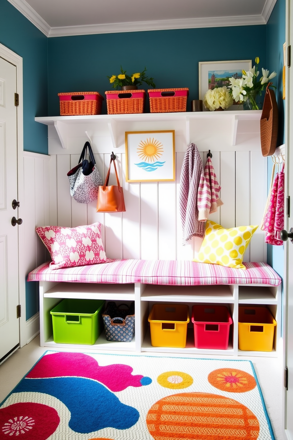 Create a bright and cheerful mudroom that incorporates a playful color palette for accessories. Include vibrant storage bins and a whimsical rug that adds a pop of color to the space. Design a functional bench with colorful cushions and hooks for hanging bags and jackets. Add playful wall art and decorative elements that reflect a fun summer vibe.