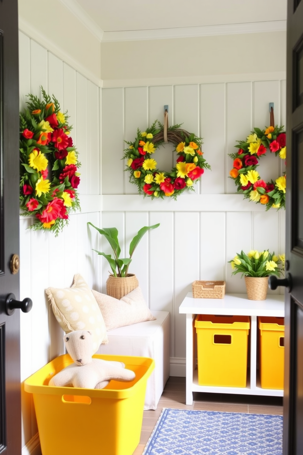 Create a warm and inviting mudroom decorated for summer. Hang vibrant seasonal wreaths on the walls to add a welcoming touch and incorporate bright storage bins to keep the space organized.